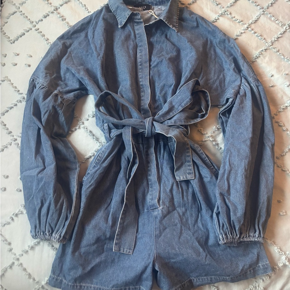 Vici Denim Romper with Waist Tie